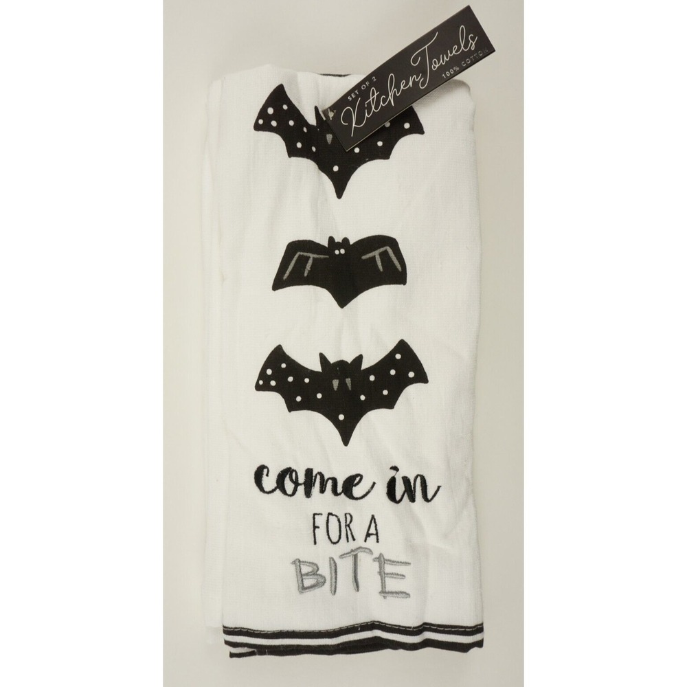 New Set of Two Come In For A Bite Halloween Kitchen Towels White Vampire Bat